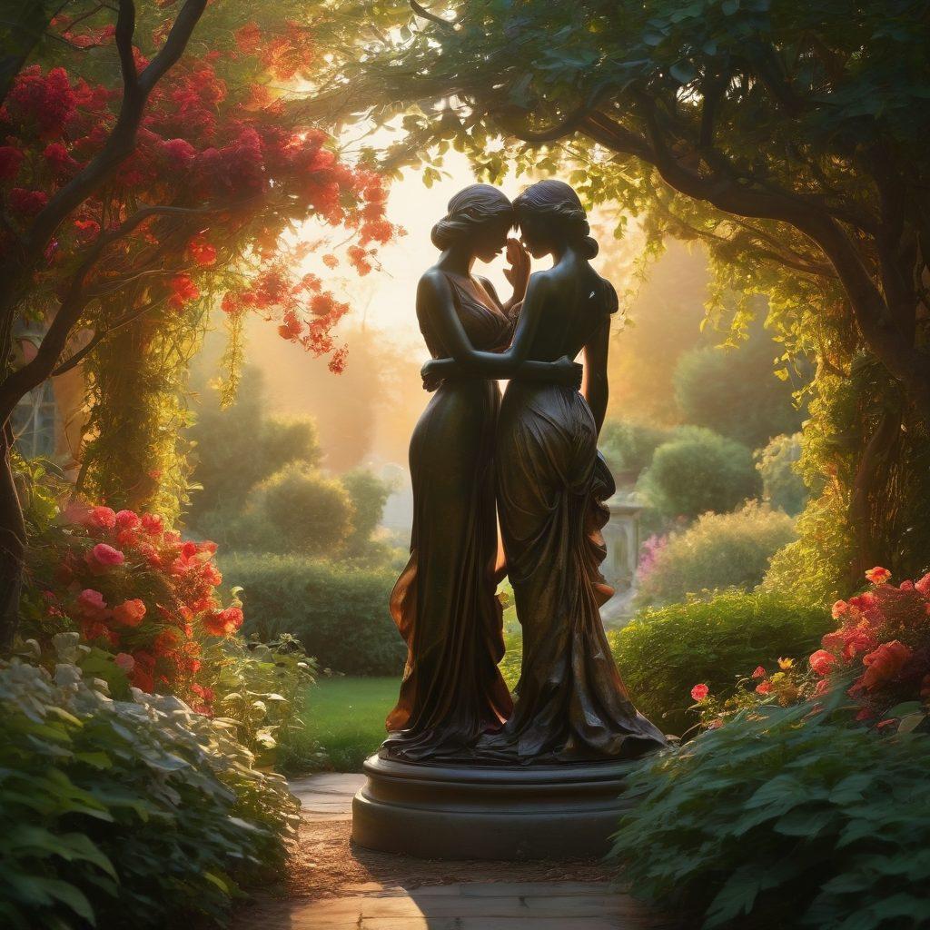 A sultry sunset casting a warm glow over a secluded, elegant garden filled with romantic shadows, where two deeply connected figures share an intimate moment, reflecting passion and desire. Elements of mystery hinted through lush, overgrown vines and ornate sculptures. Soft petals swirling in the gentle breeze symbolize the complexity of taboo in relationships. super-realistic. vibrant colors. romantic atmosphere.