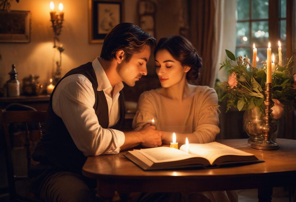 A couple tenderly embracing in a dimly lit, intimate setting filled with romantic decorations, contrasting their age differences. Subtle hints of taboo elements, like a vintage book titled 'Forbidden Love' resting on a nearby table, add depth to the scene. Warm, soft colors create a cozy ambiance, while lush plants and candles enhance the mood. Artistic brushes of impressionism breathe life into the image, inviting viewers to explore the complex beauty of mature romance. impressionistic art. warm colors. cozy atmosphere.