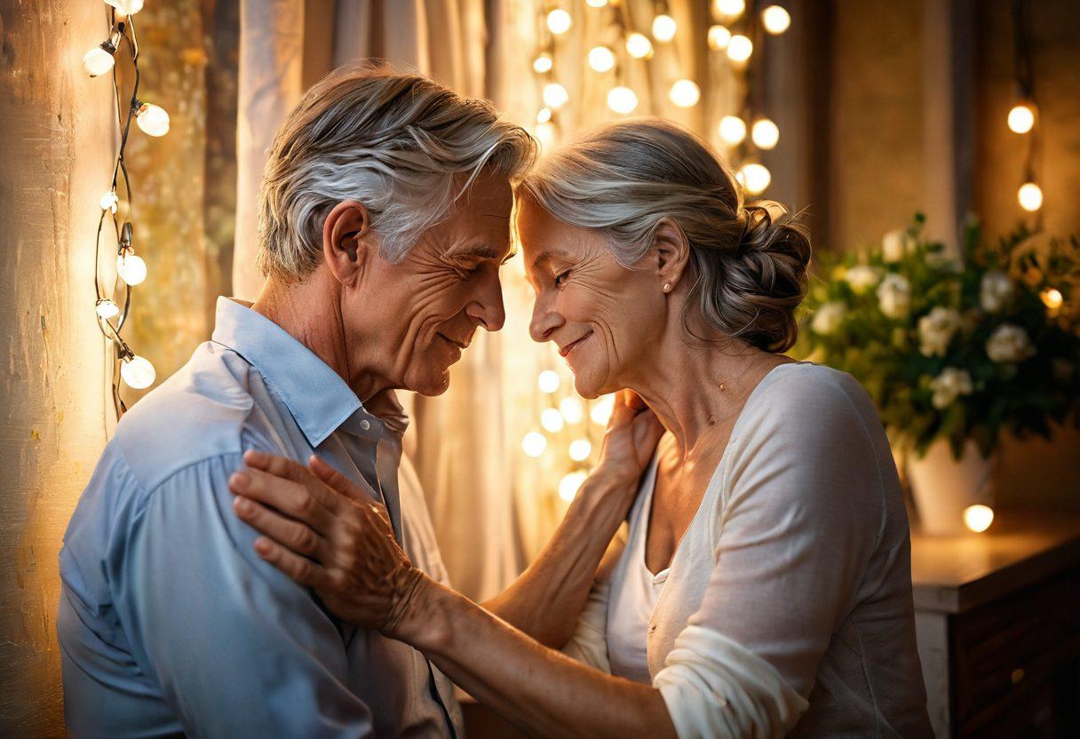 A warm, intimate scene showcasing a mature couple sharing a tender moment, their hands intertwined, surrounded by soft, glowing lights that create a romantic atmosphere. Incorporate elements of nature, like gentle flowers and soft fabrics, symbolizing growth and comfort in their relationship. Emphasize emotional connection through their expressions and body language. vibrant colors. super-realistic.